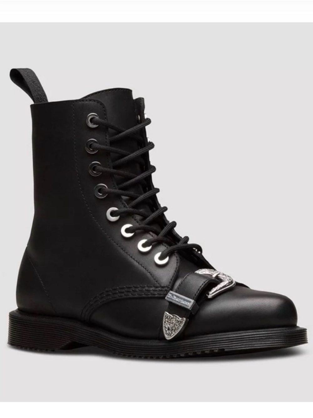 Dr. Martens Black Leather Lace-Up Combat Boot with Silver Buckle